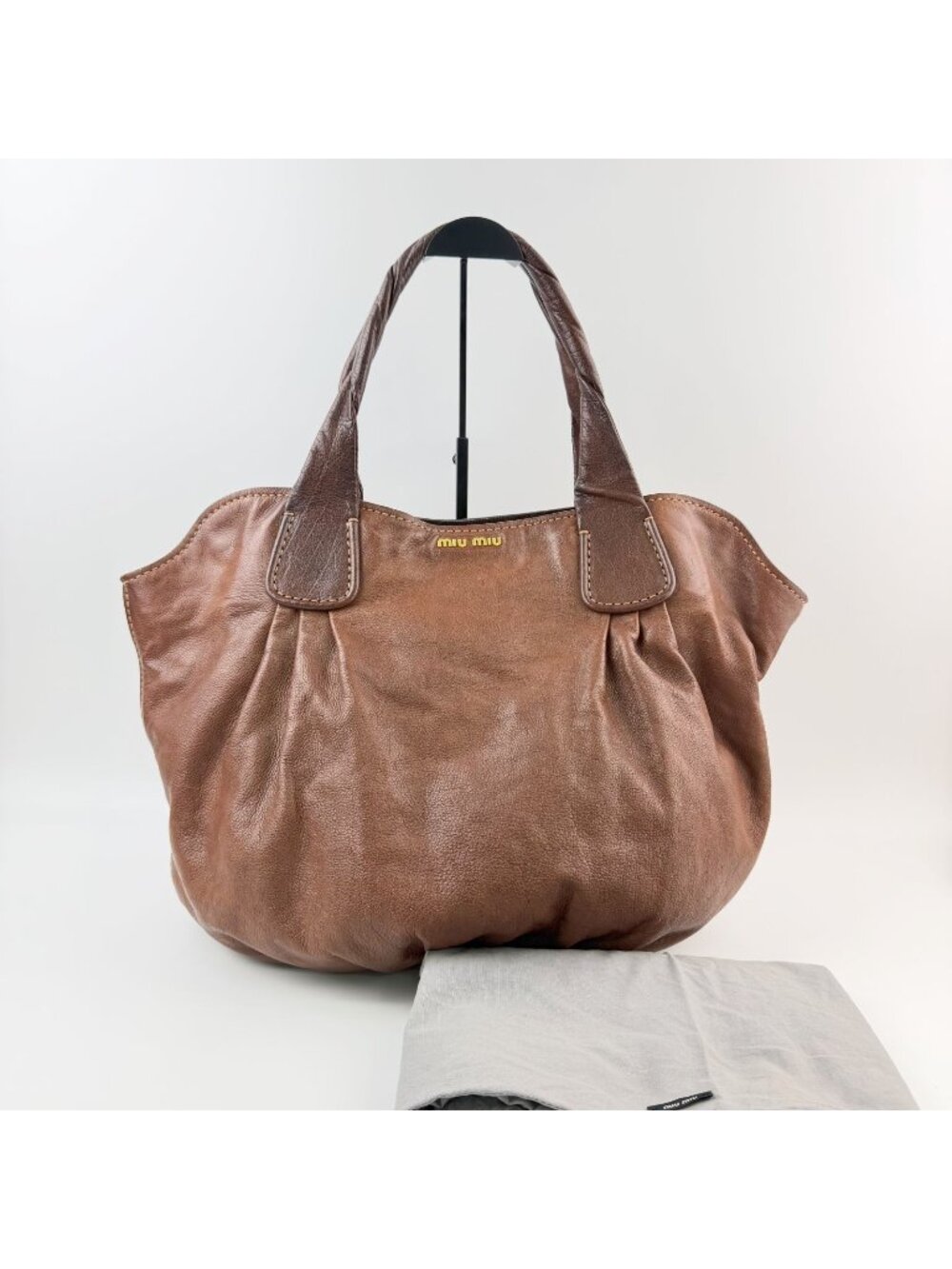 Miu Miu Twist Handle Gathered Logo Tote Shoulder Bag Leather Brown Gold Vintage
